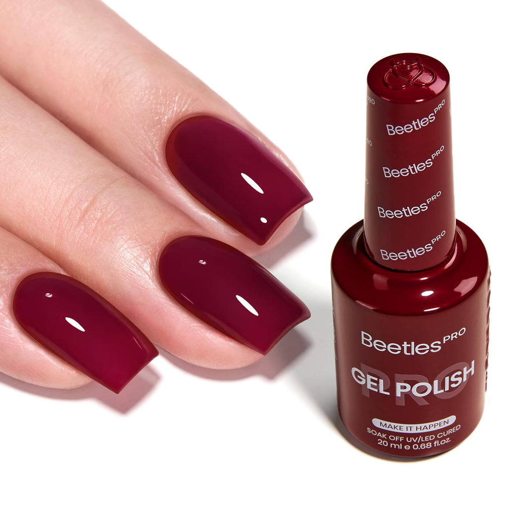 Beetles Pro Red Gel Polish Make It Happen – Dark Burgundy Wine 20ml | UV Lamp Cure, Long-Lasting Shine