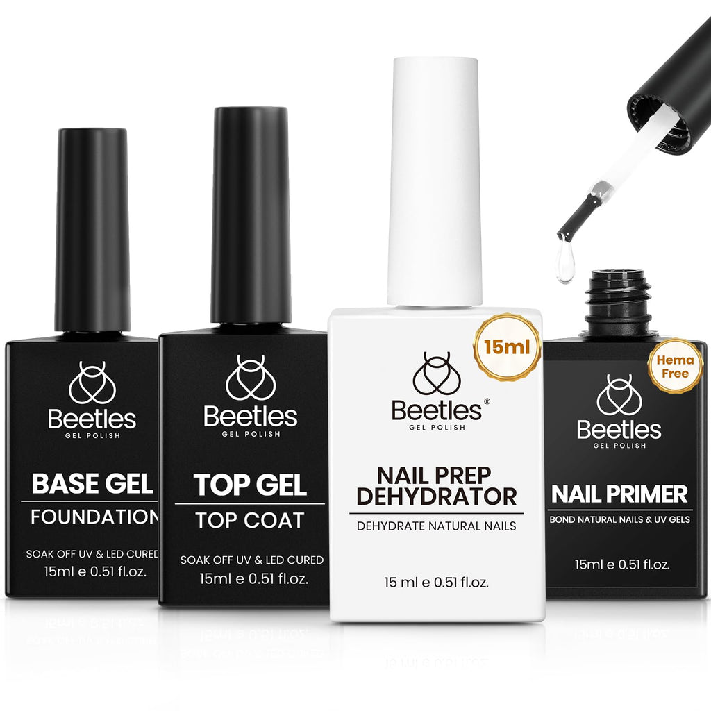 Beetles 4Pcs Gel Nail Prep Set: Base Coat, Top Coat, Dehydrator & Primer (Acid-Free, HEMA-Free) for Gel & Acrylic – Long-Lasting Professional Prep