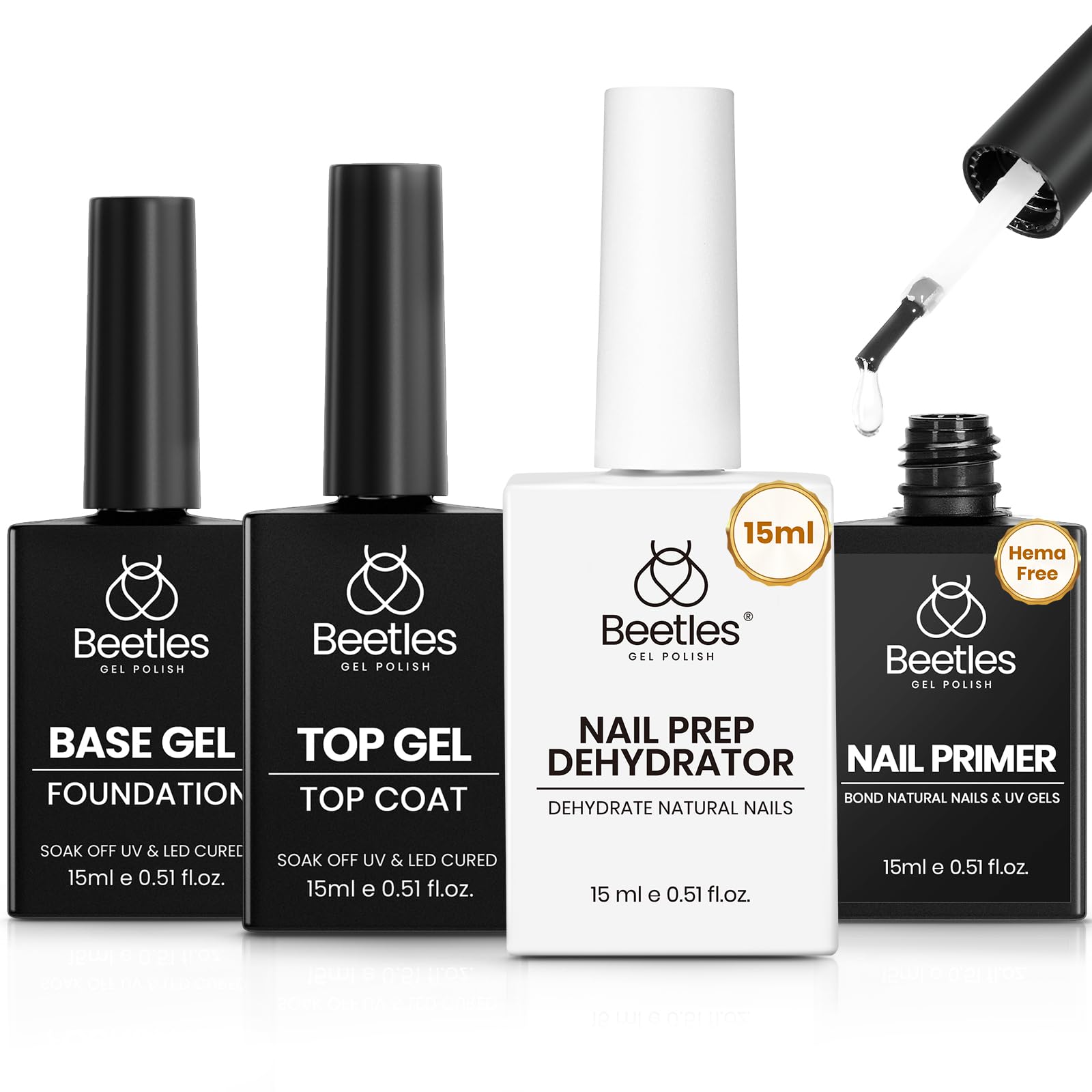 Beetles 4Pcs Gel Nail Prep Set: Base Coat, Top Coat, Dehydrator & Primer (Acid-Free, HEMA-Free) for Gel & Acrylic – Long-Lasting Professional Prep