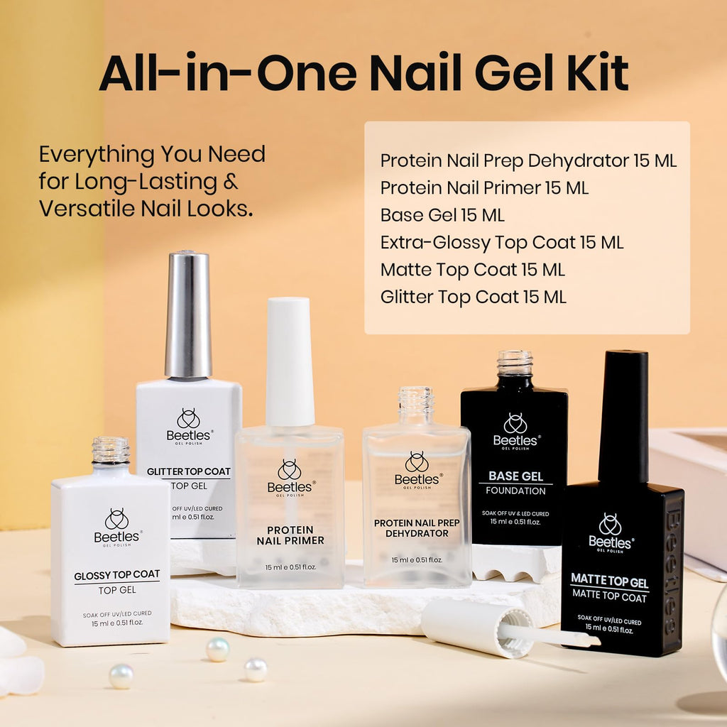 Beetles 6-Pcs 15ml Glossy & Matte Gel Top & Base Coat Set with Dehydrator, Keratin Primer, Acid-Free & HEMA-Free