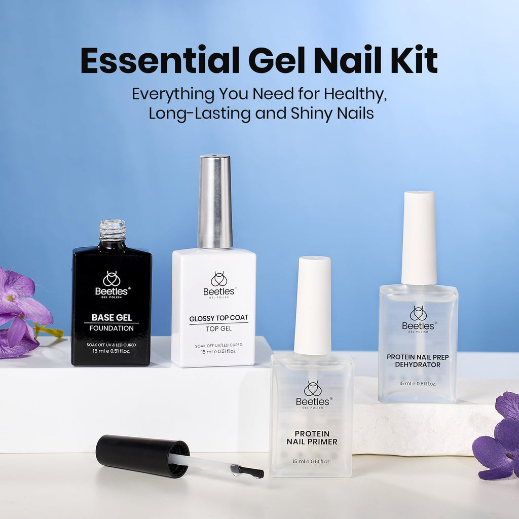 Beetles Gel Base & Top Coat Set with Protein Dehydrator & Primer – 4 Pcs 15ml, Acid-Free & HEMA-Free Nail Prep Bond