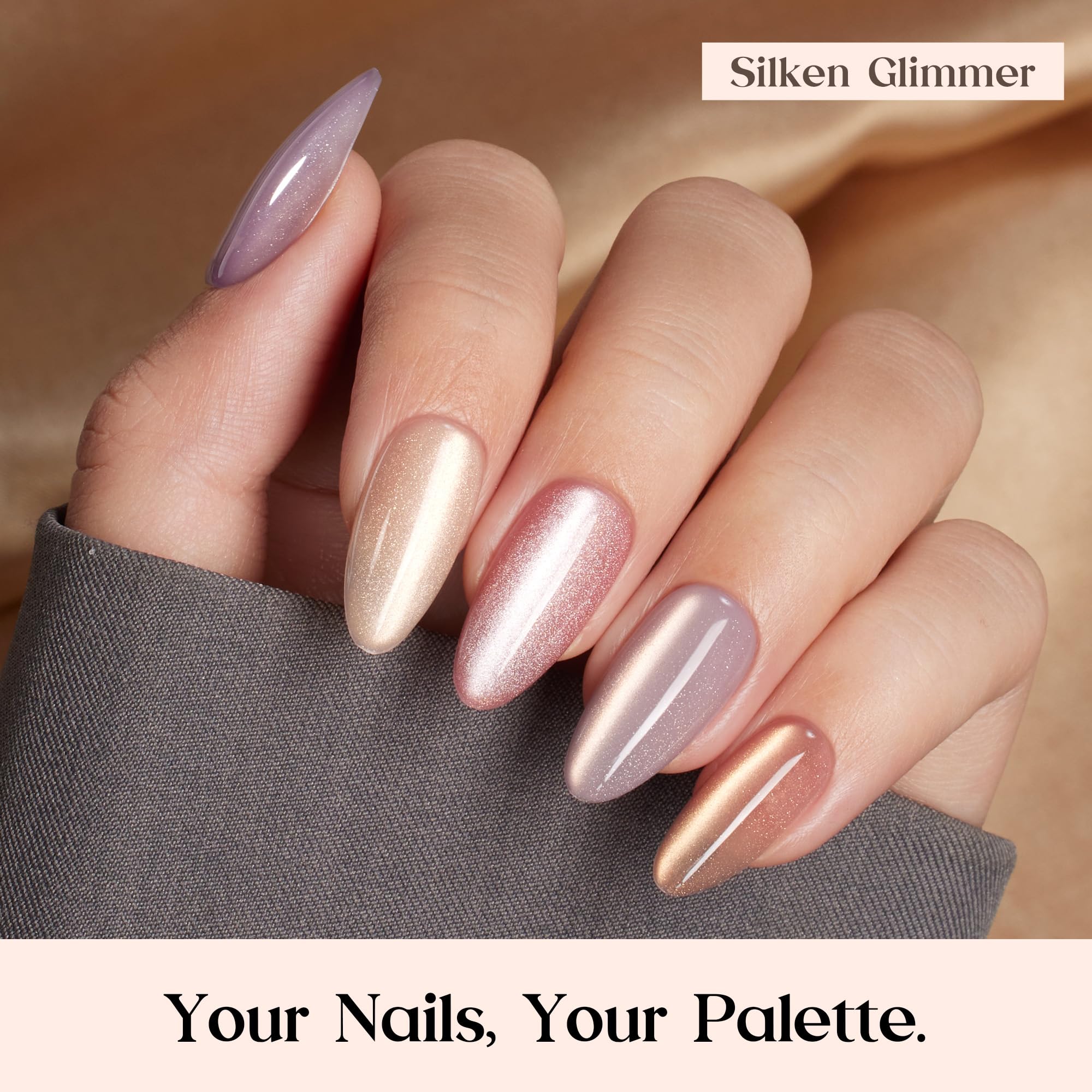 Beetles X Press Cat Eye Nails Kit - 7 Colors Nude Cat Eye Press On Nails Medium Almond | 224Pcs 16 Sizes All-in-One Kit With Nail Glue, Remover, Builder Top Coat, Nail Lamp
