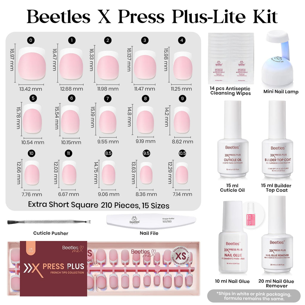 Beetles X Press Plus Gel Nails Kit – Peach French & Pink Extra Short Square Tips (210 Pcs All-in-One)