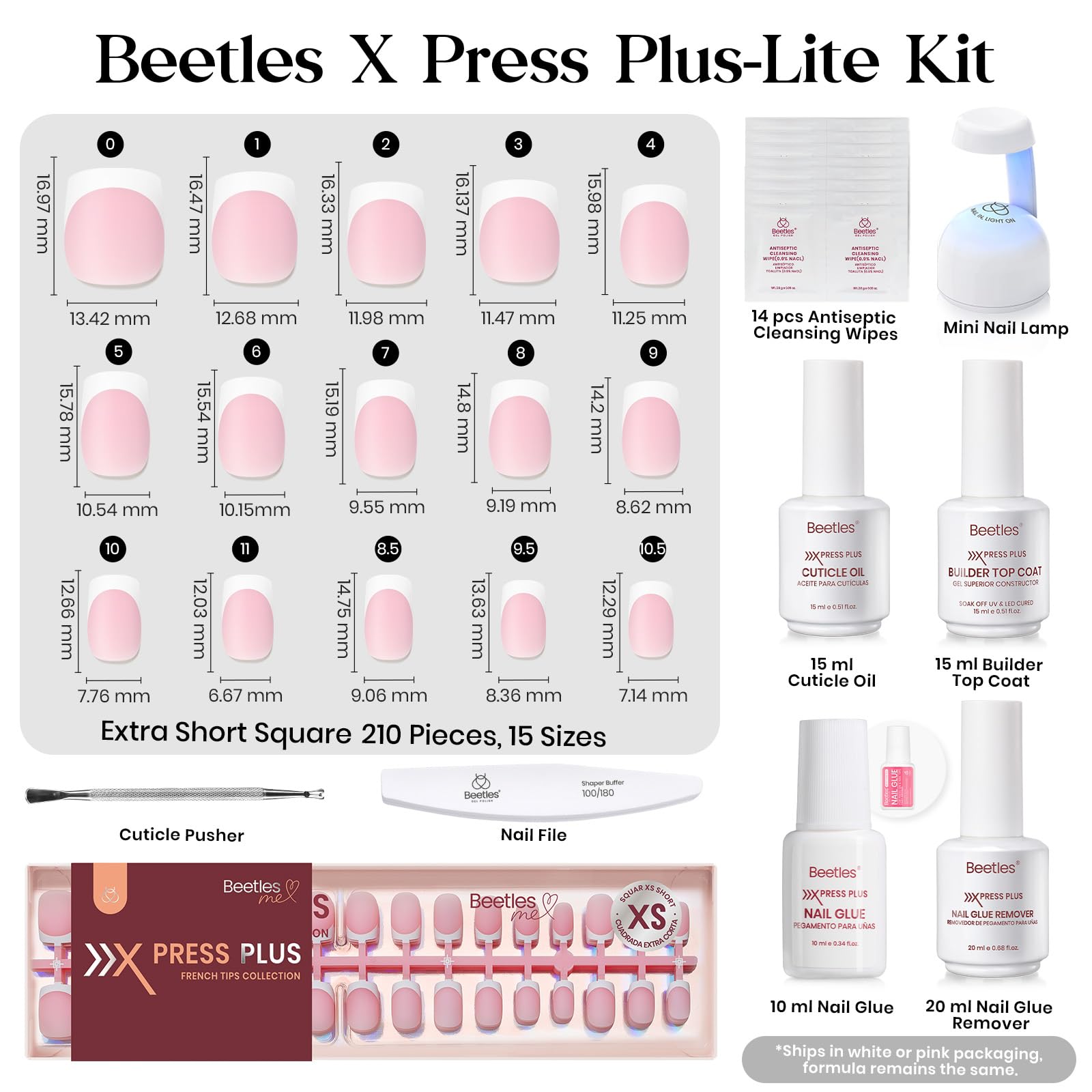 Beetles X Press Plus Gel Nails Kit – Peach French & Pink Extra Short Square Tips (210 Pcs All-in-One)