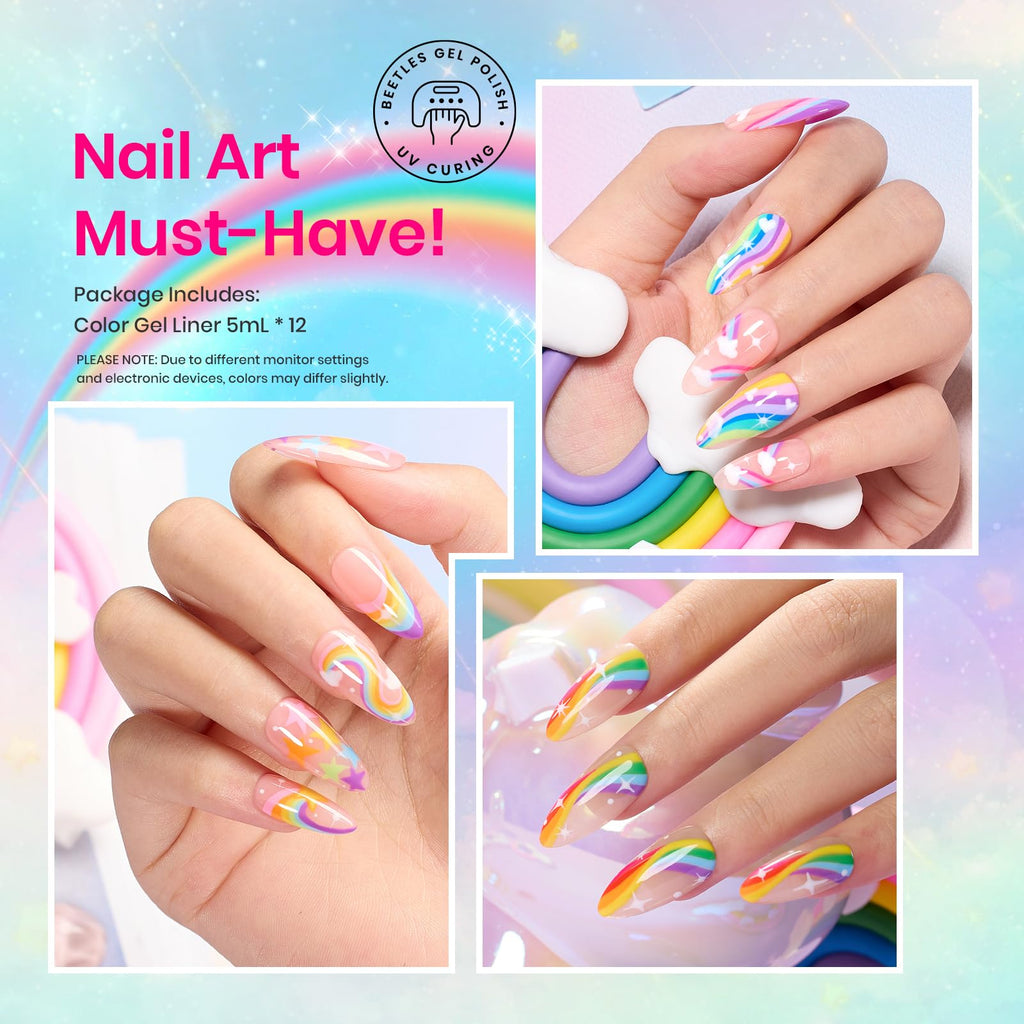 Beetles Rainbow Gel Liner Set – 12 Neon Colors for Nail Art with Built-In Thin Brush