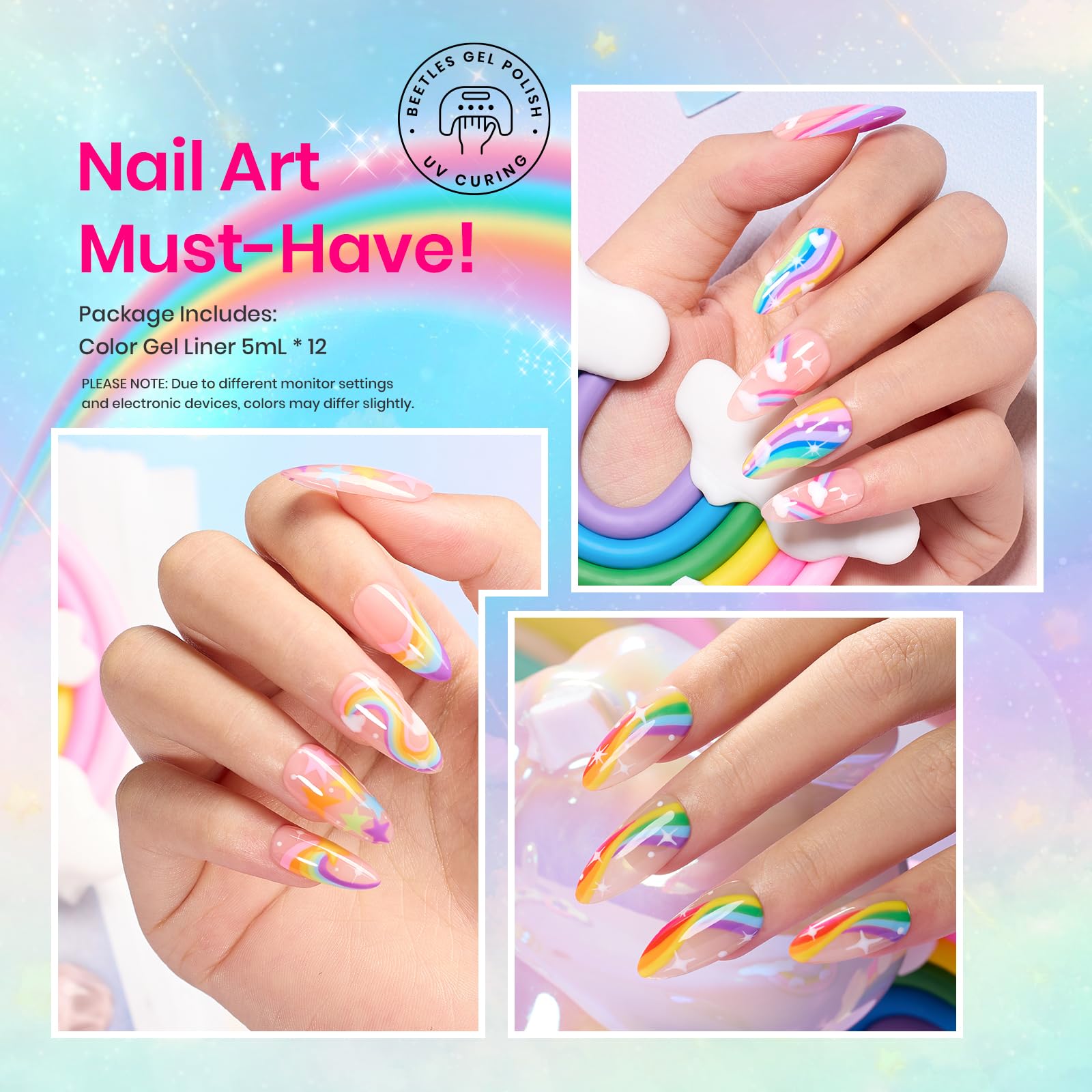 Beetles Rainbow Gel Liner Set – 12 Neon Colors for Nail Art with Built-In Thin Brush