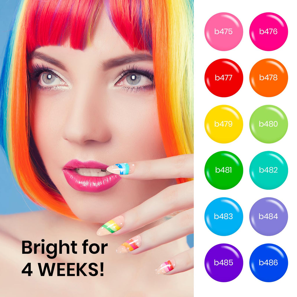 Beetles Rainbow Gel Liner Set – 12 Neon Colors for Nail Art with Built-In Thin Brush