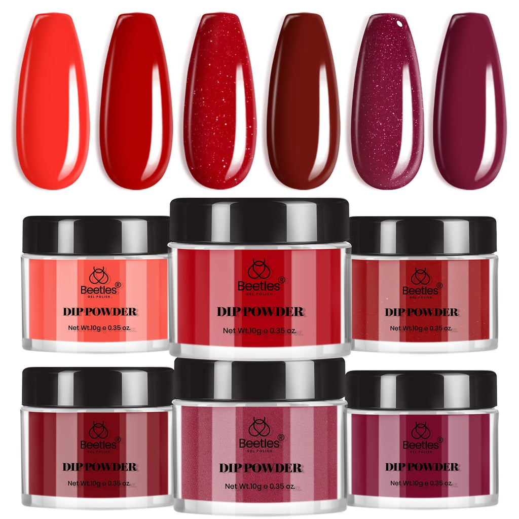 Beetles Red Dip Powder Nail Kit – 6 Red Glitter Colors, No Lamp Needed