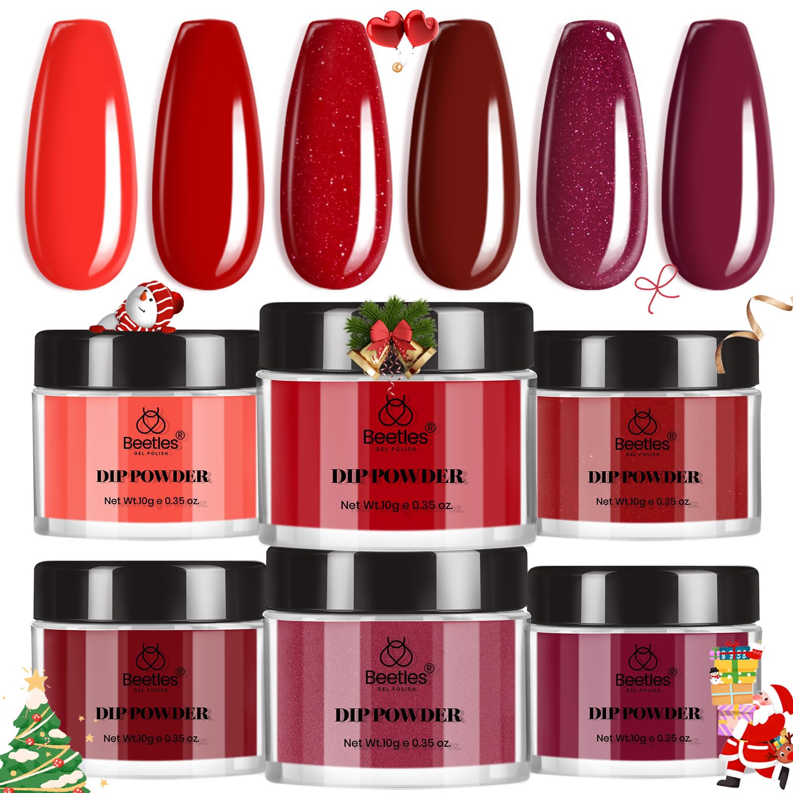Beetles Red Dip Powder Nail Kit – 6 Red Glitter Colors, No Lamp Needed