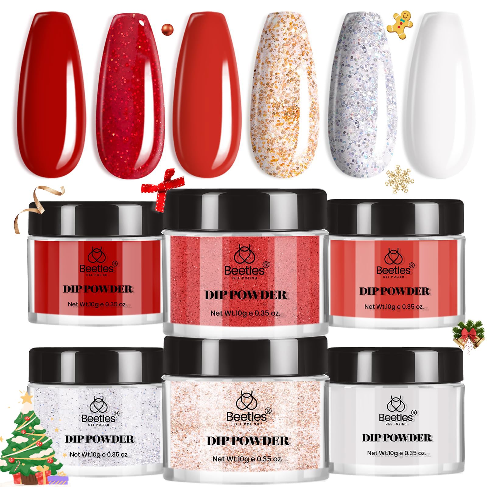 Beetles Red Dip Powder Nail Set – 6 Colors, No Lamp Needed, DIY Salon Starter Kit