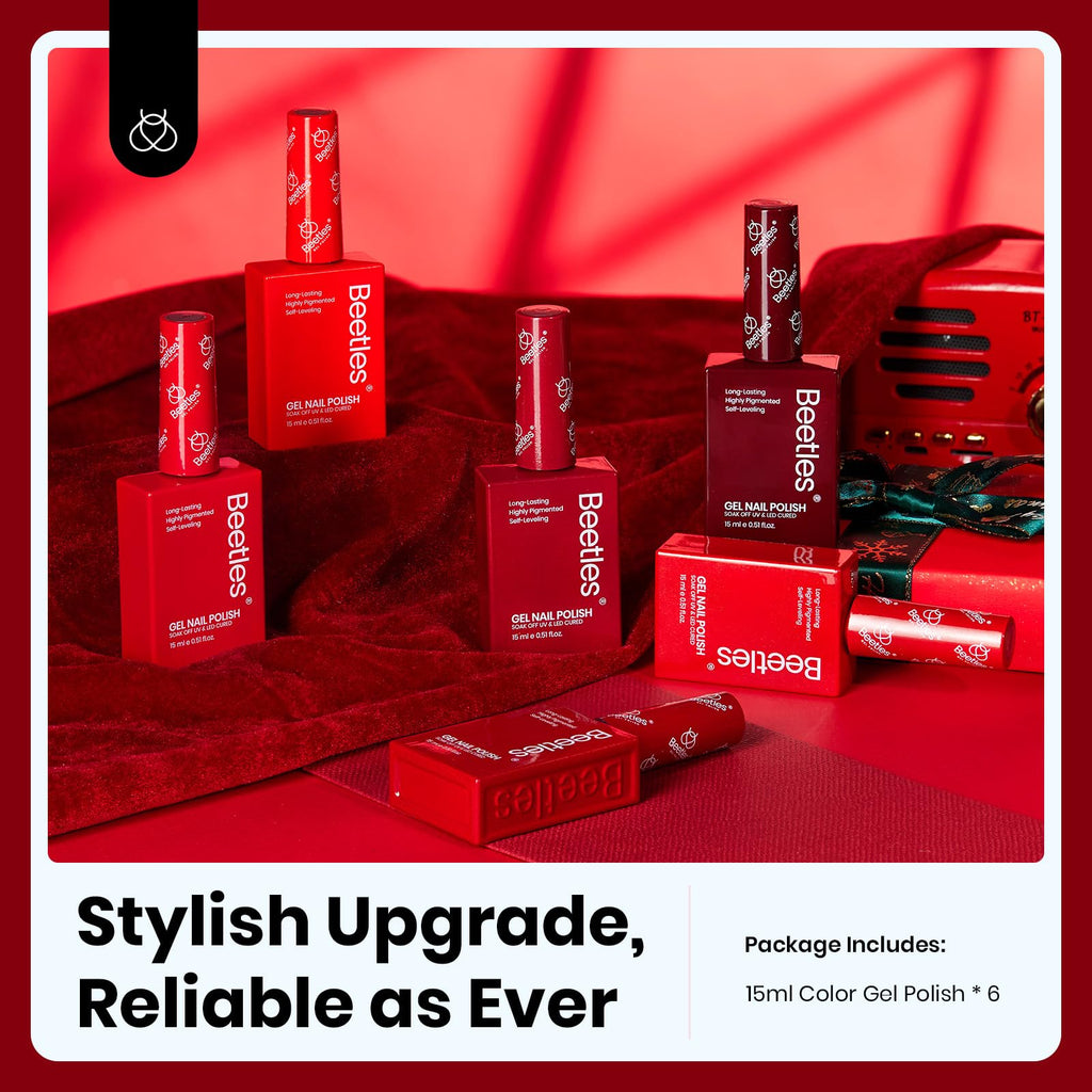 Beetles Red Gel Nail Polish Set – 6 Shimmer Burgundy Reds, 15ml Each | UV Soak-Off Kit