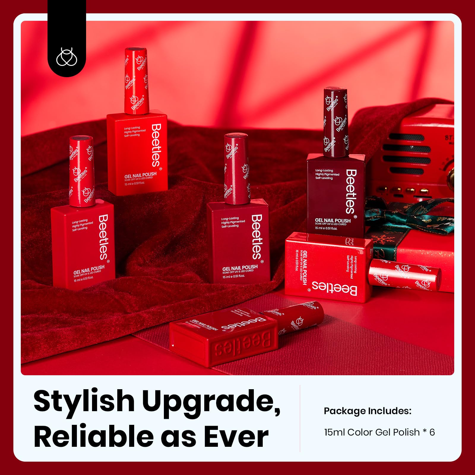 Beetles Red Gel Nail Polish Set – 6 Shimmer Burgundy Reds, 15ml Each | UV Soak-Off Kit