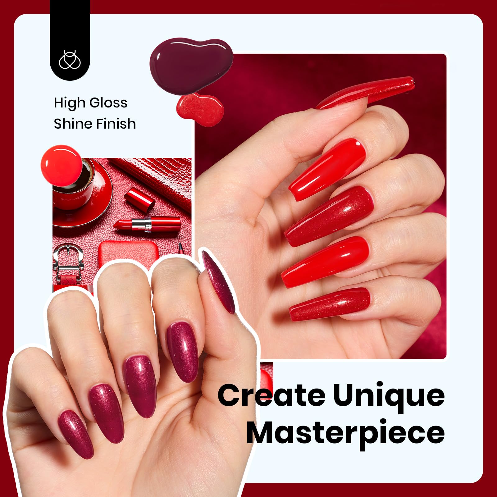 Beetles Red Gel Nail Polish Set – 6 Shimmer Burgundy Reds, 15ml Each | UV Soak-Off Kit