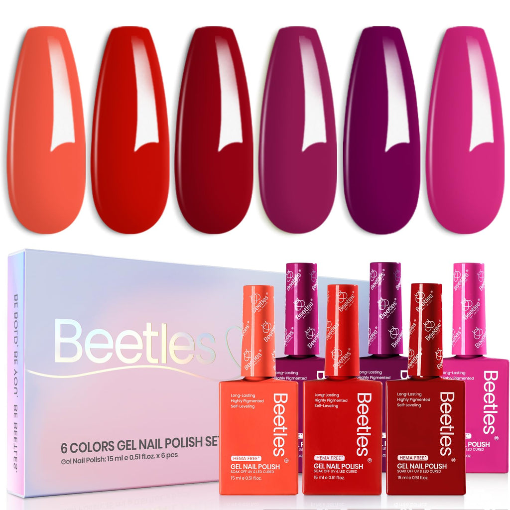 Beetles Red Pink Gel Polish Set - 6 HEMA-Free Colors, 15ml UV LED