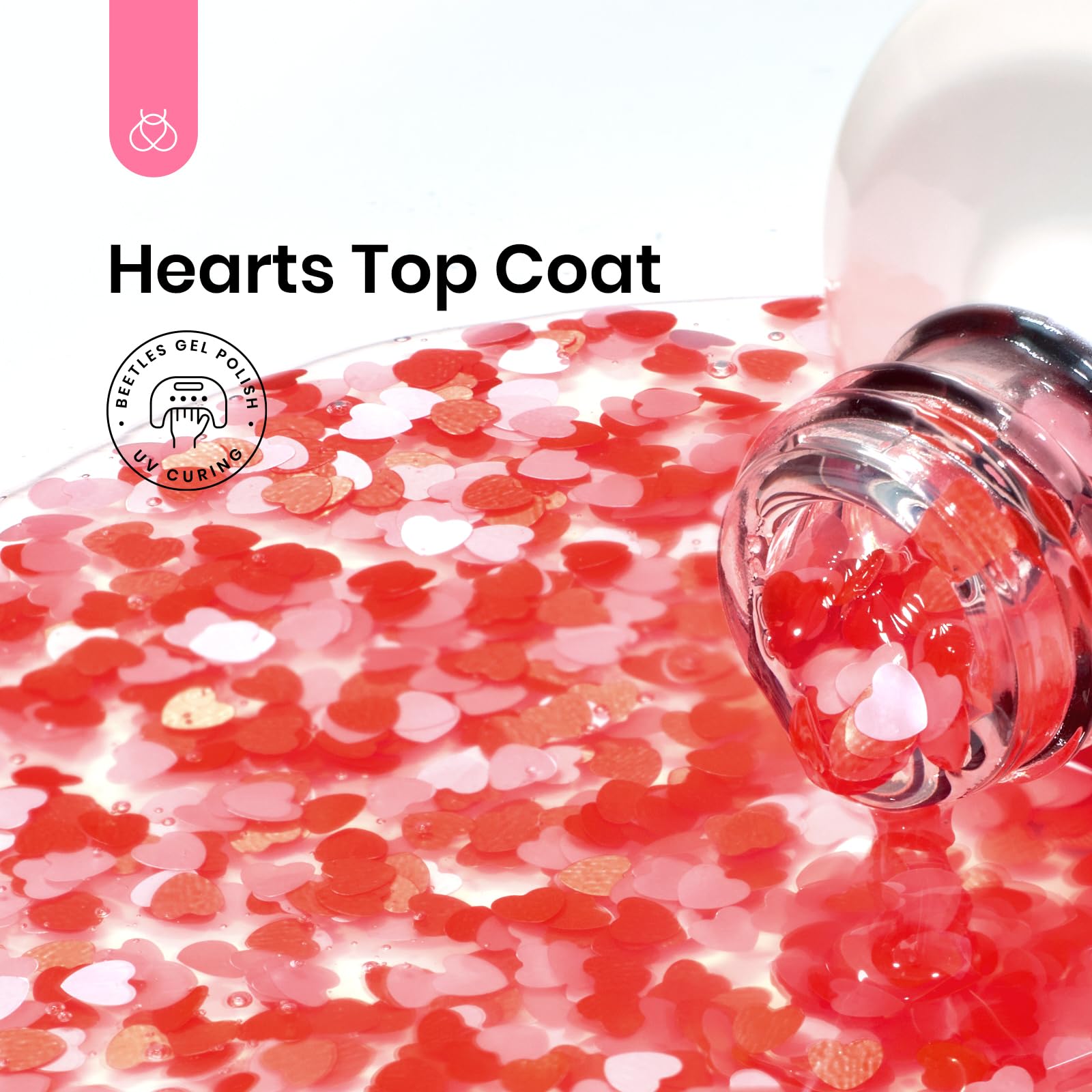 Beetles Gel Polish 15ml Clear Pink Top Coat with Pink & Red Heart Glitter – Romantic Nail Shine