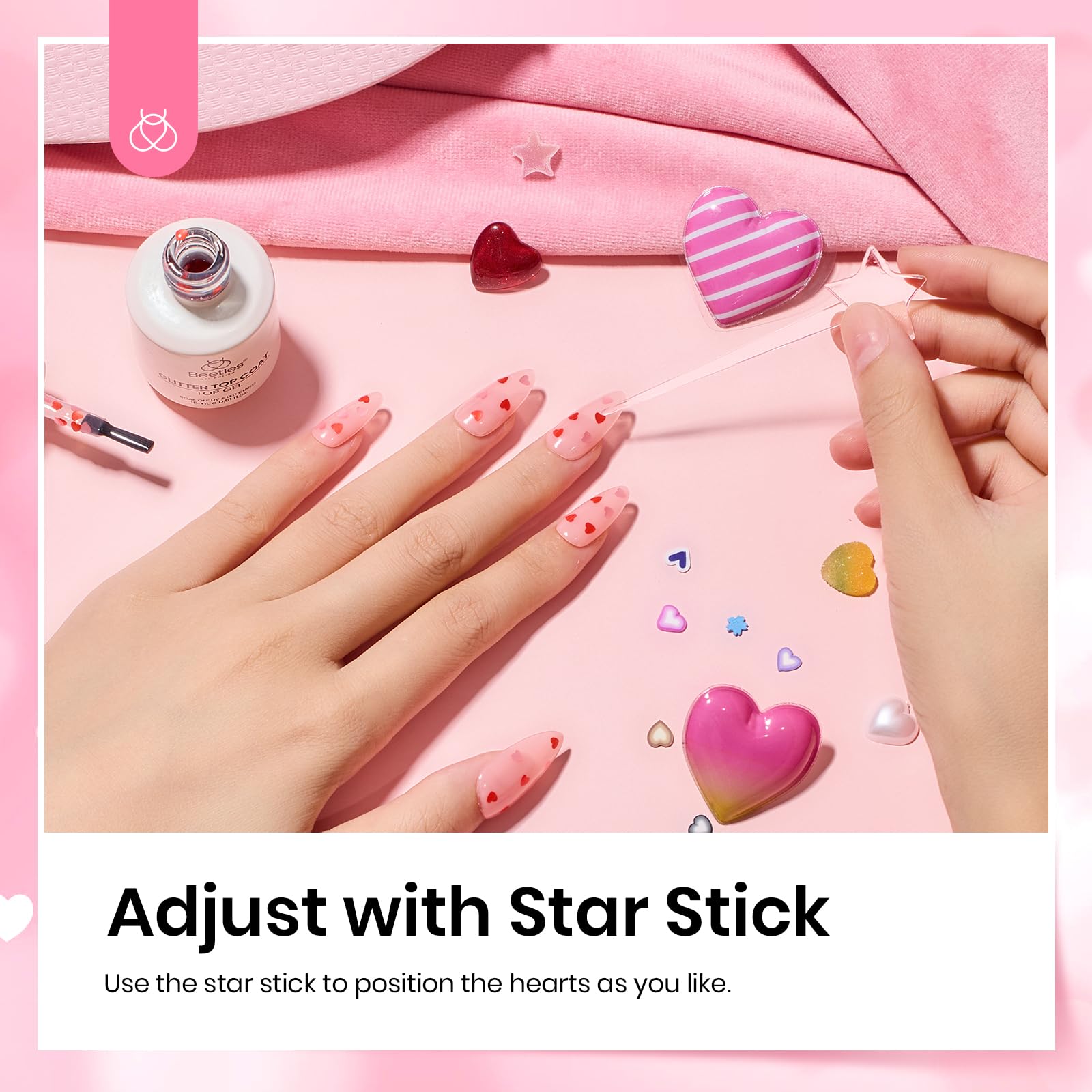 Beetles Gel Polish 15ml Clear Pink Top Coat with Pink & Red Heart Glitter – Romantic Nail Shine