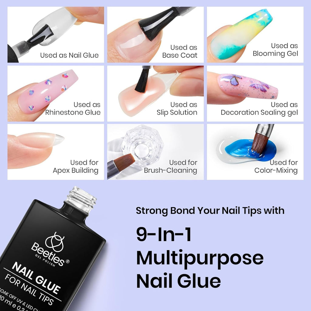 Beetles 9-in-1 Gel Nail Glue Kit: Dehydrator, Primer, and Bonding Gel for Nail Extensions (HEMA-Free, Acid-Free)
