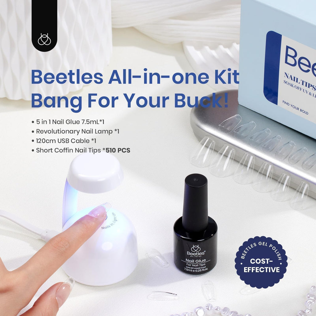 Beetles Gel Nail Tips 510Pcs – 15 Sizes Short Coffin Nail Kit with 5-in-1 Nail Glue Gel & UV LED Lamp
