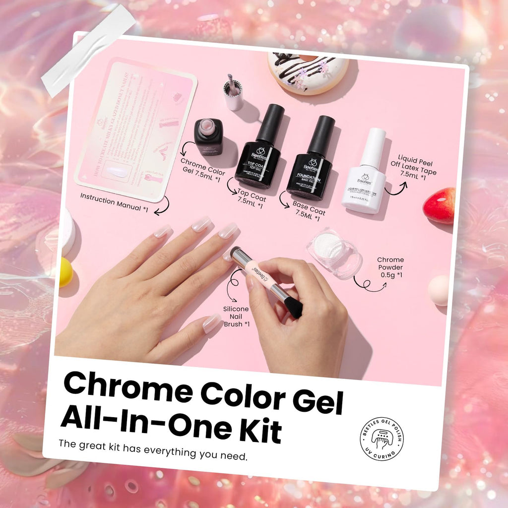 Beetles Chrome Nail Powder Gel Polish Kit – Pearl Glazed Donut Mirror Finish with Base & Top Coat