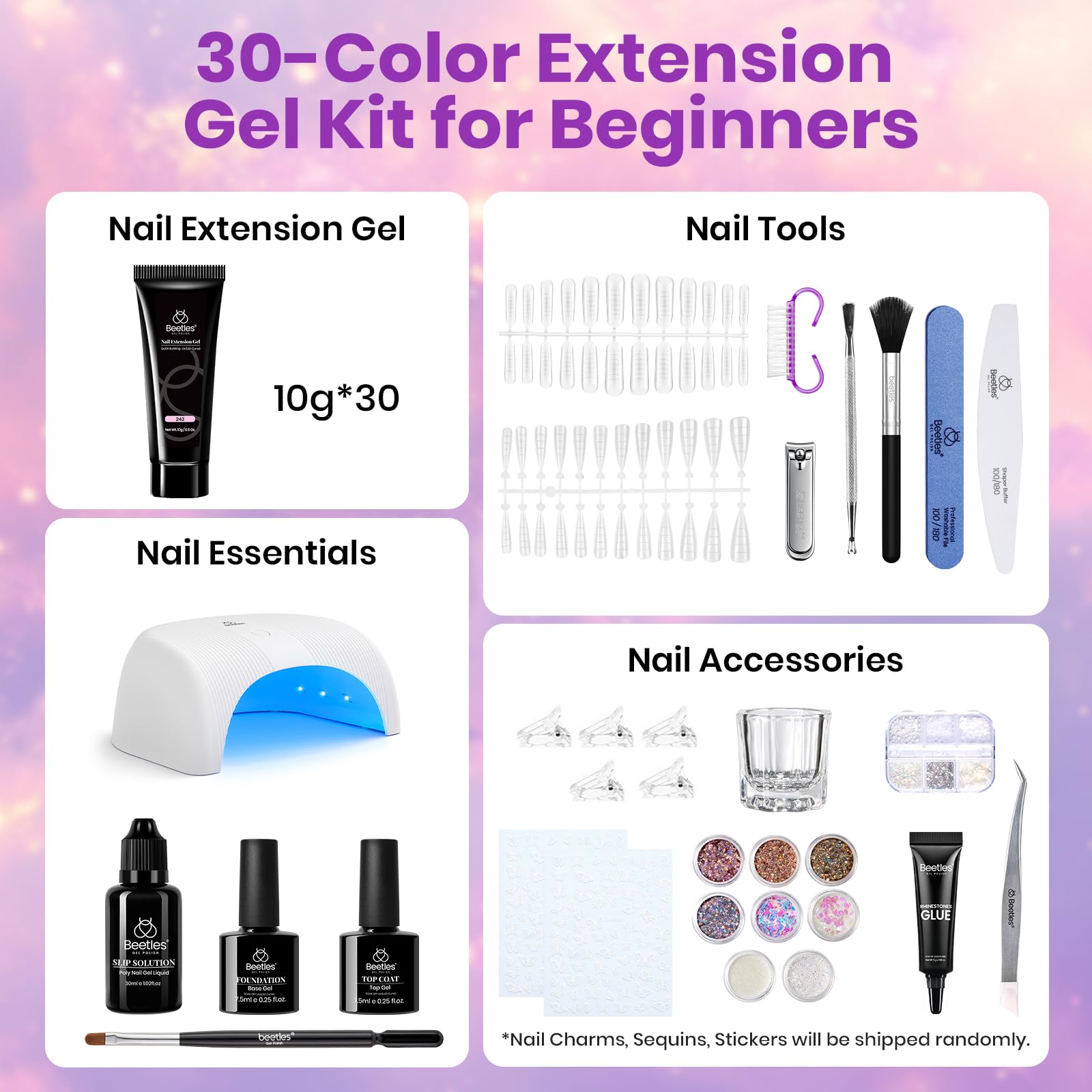 Beetles 30 Colors Poly Extension Gel Nail Kit with UV Lamp – All-in-One Starter Set