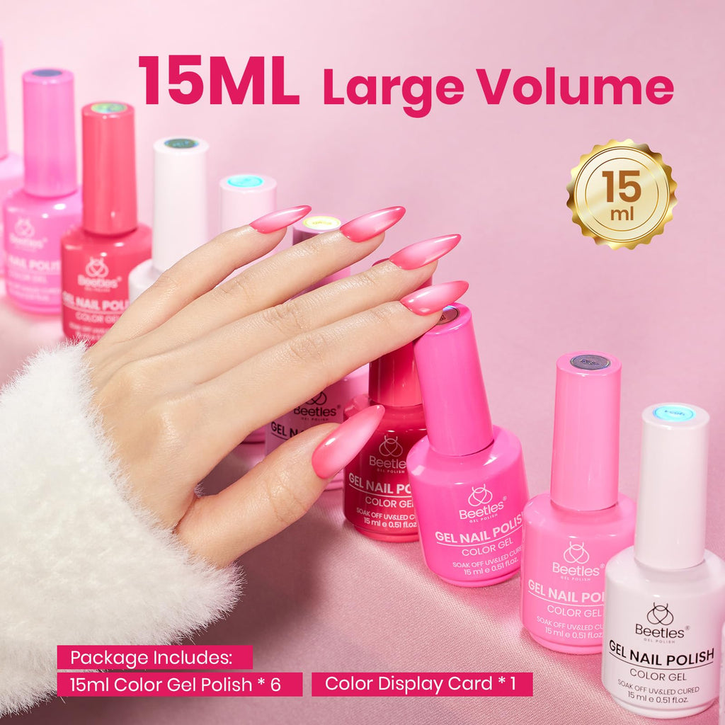 beetles Valentines Pink Gel Polish Set – Romance in Air Collection, 6-Color 15ml Soak-Off Kit