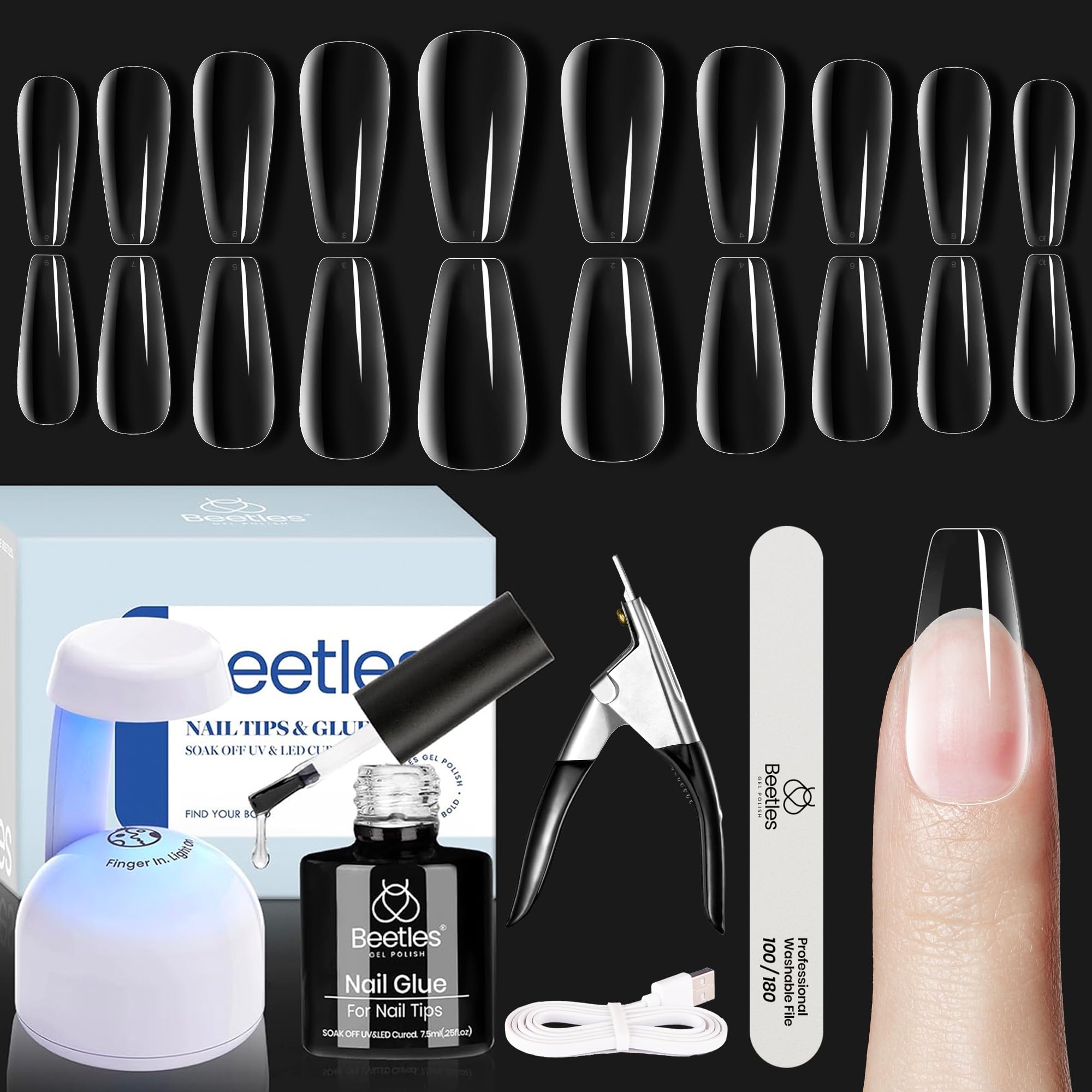 Beetles Soft Gel Nail Kit Medium Coffin – 5-in-1 Base Gel, Tips & LED Lamp