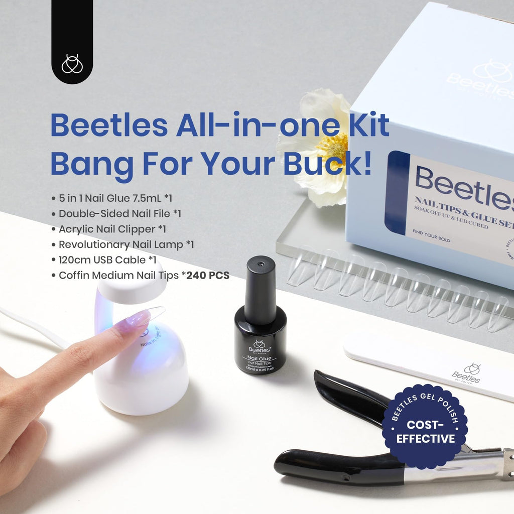 Beetles Soft Gel Nail Kit Medium Coffin – 5-in-1 Base Gel, Tips & LED Lamp