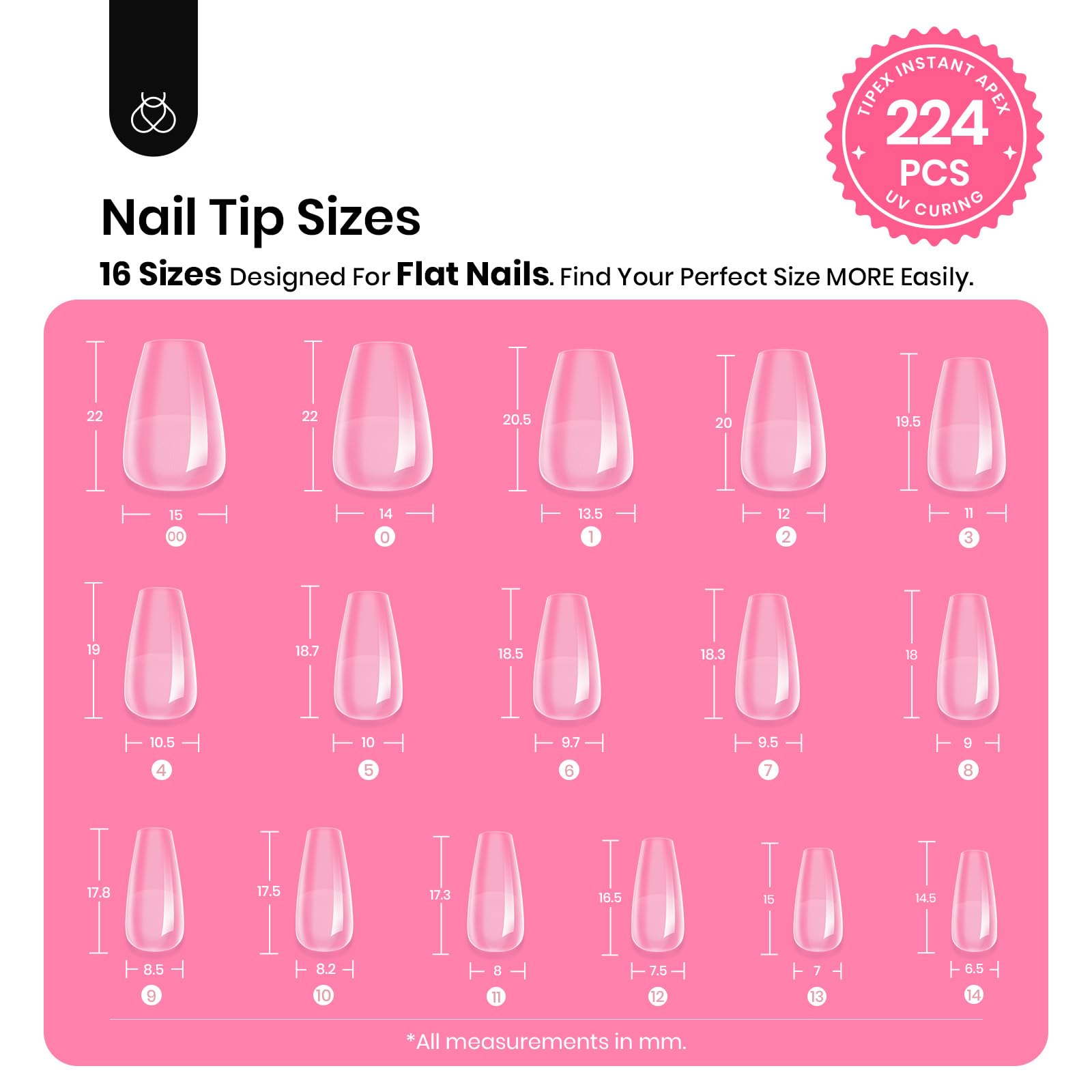 Beetles Tipex Gel Nail Kit Short Coffin – 224 Pcs, 16 Sizes, Glue & Mini UV Lamp