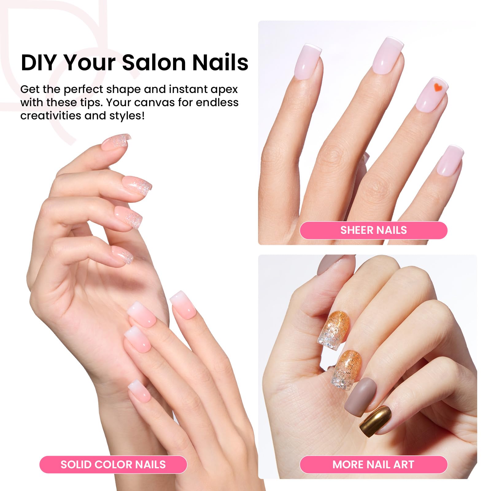 Beetles Tipex Gel Nail Kit Extra Short Square — 224 Tips, Glue & Mini UV Lamp