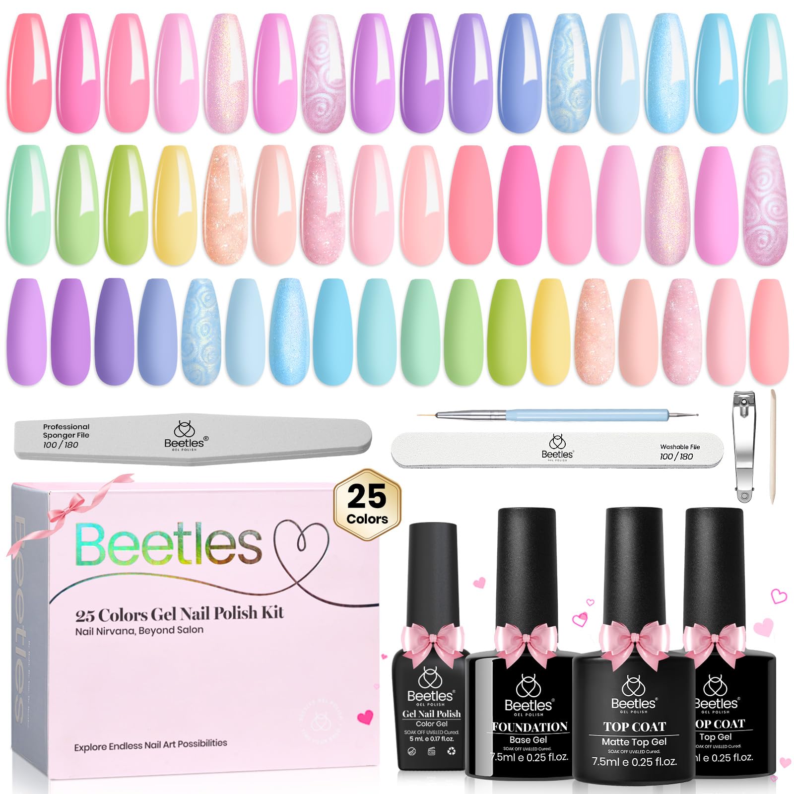 Beetles Spring Gel Nail Polish Set – Rainbow Dreamscape (25 Colors) with Base & Top Coat