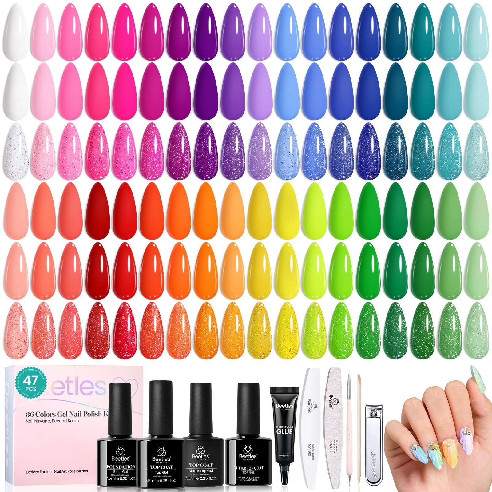 Beetles Spring Gel Polish Set – 36 Colors Pastel Neon UV Gel Nail Polish with Base & Top Coats