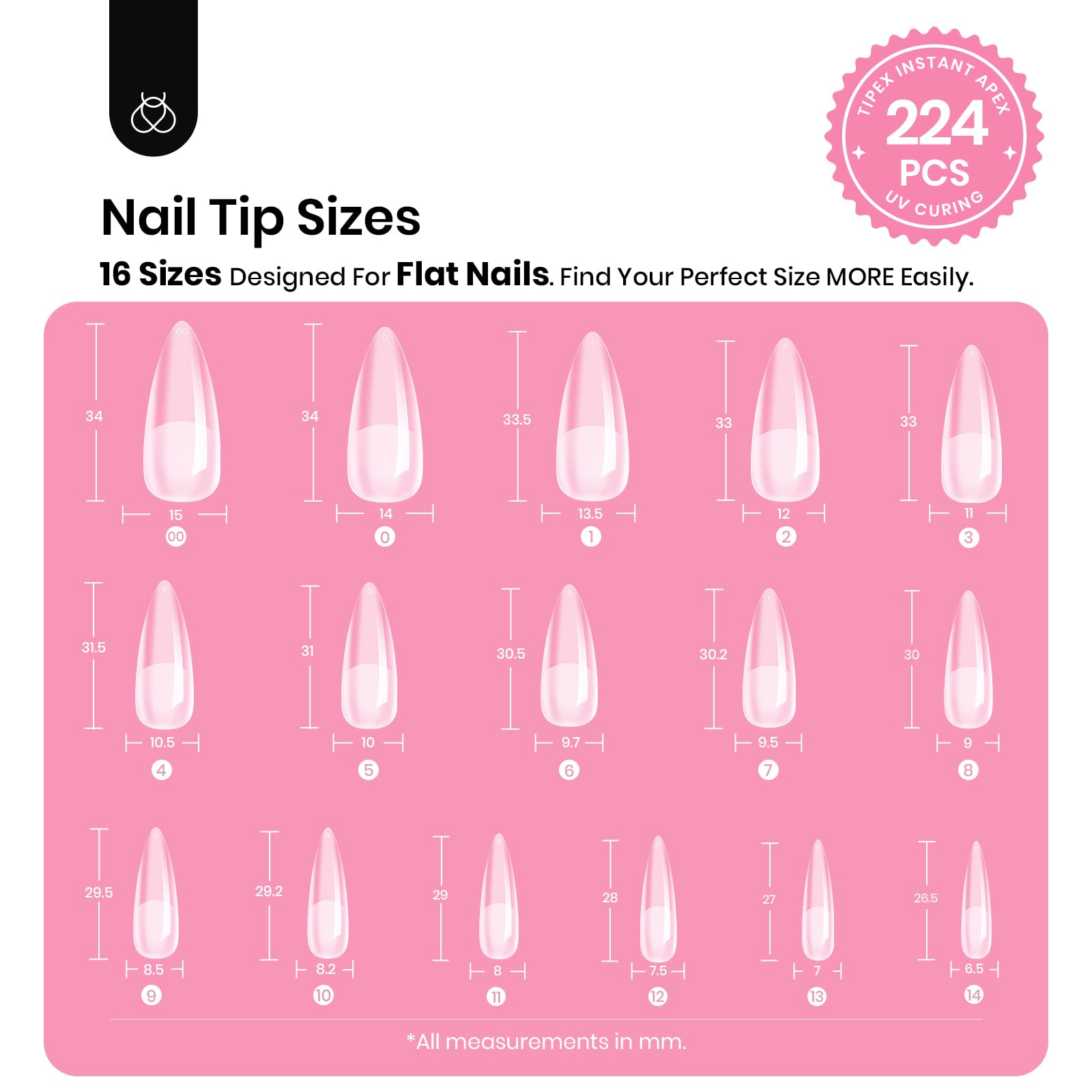 Beetles Tipex Instant Apex Nail Tips Kit — Stiletto Long, 224 Tips in 16 Sizes + Mini UV Lamp