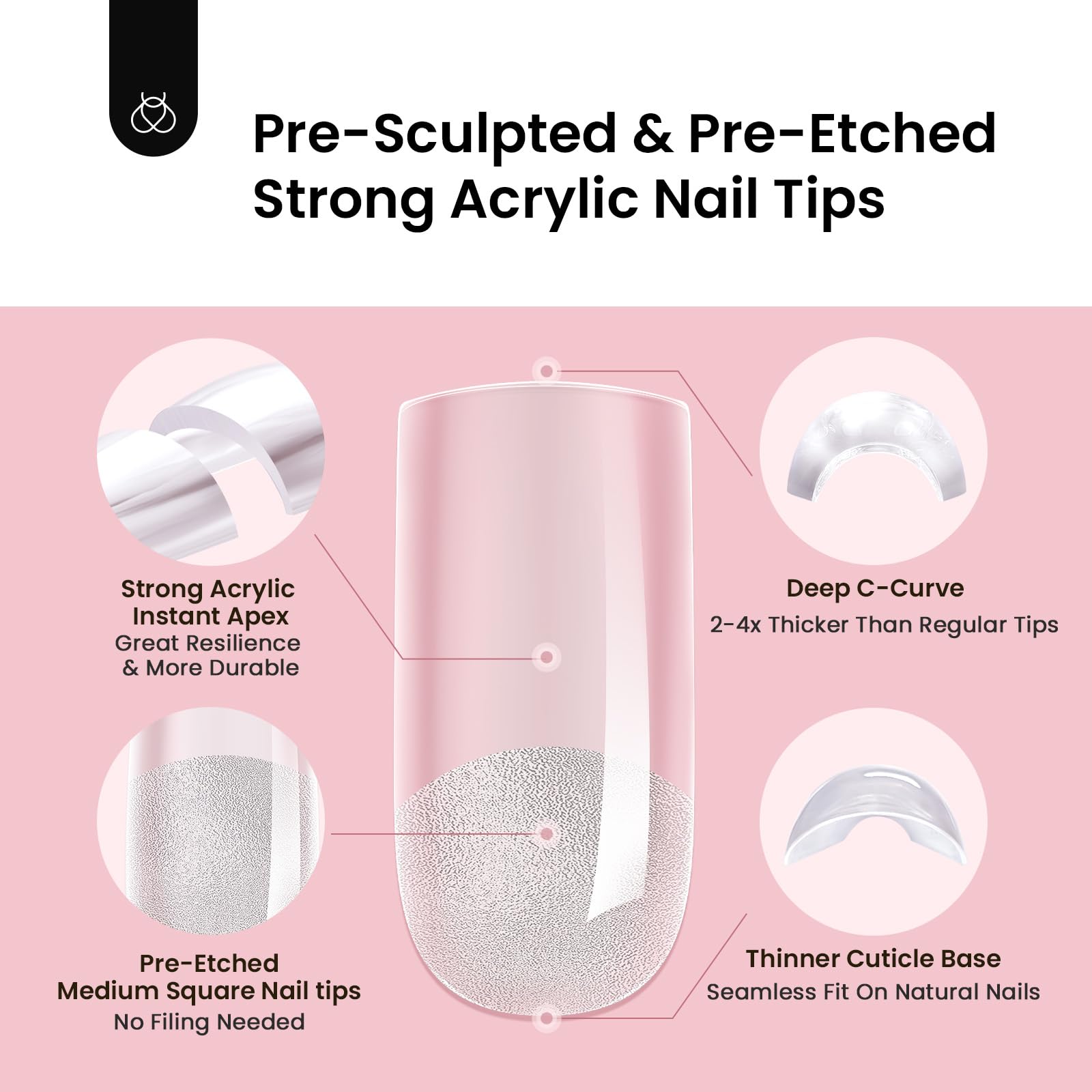 Beetles Tipex Instant Apex Nail Tips | Medium Square, Pre-Built & Pre-Etched, Half Matte Finish, 192 Pcs, 16 Sizes