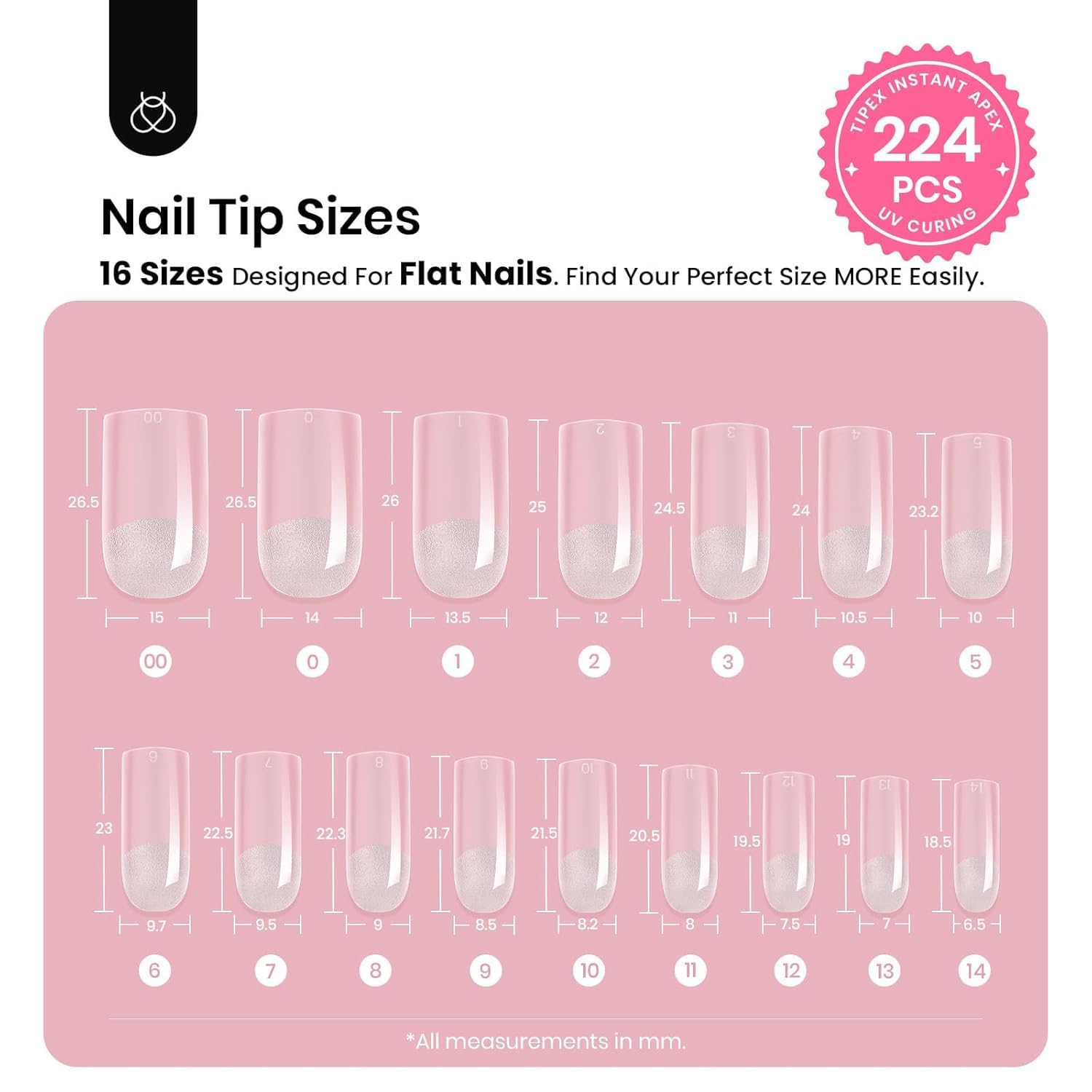 Beetles Tipex Nail Tips Kit Square Medium – 224 Pcs, 16 Sizes, Mini UV Lamp & Glue