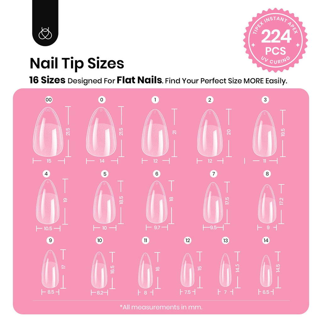 Beetles Tipex Instant Apex Nail Tips Kit – Almond Short, 224Pcs (16 Sizes) with Mini UV Lamp