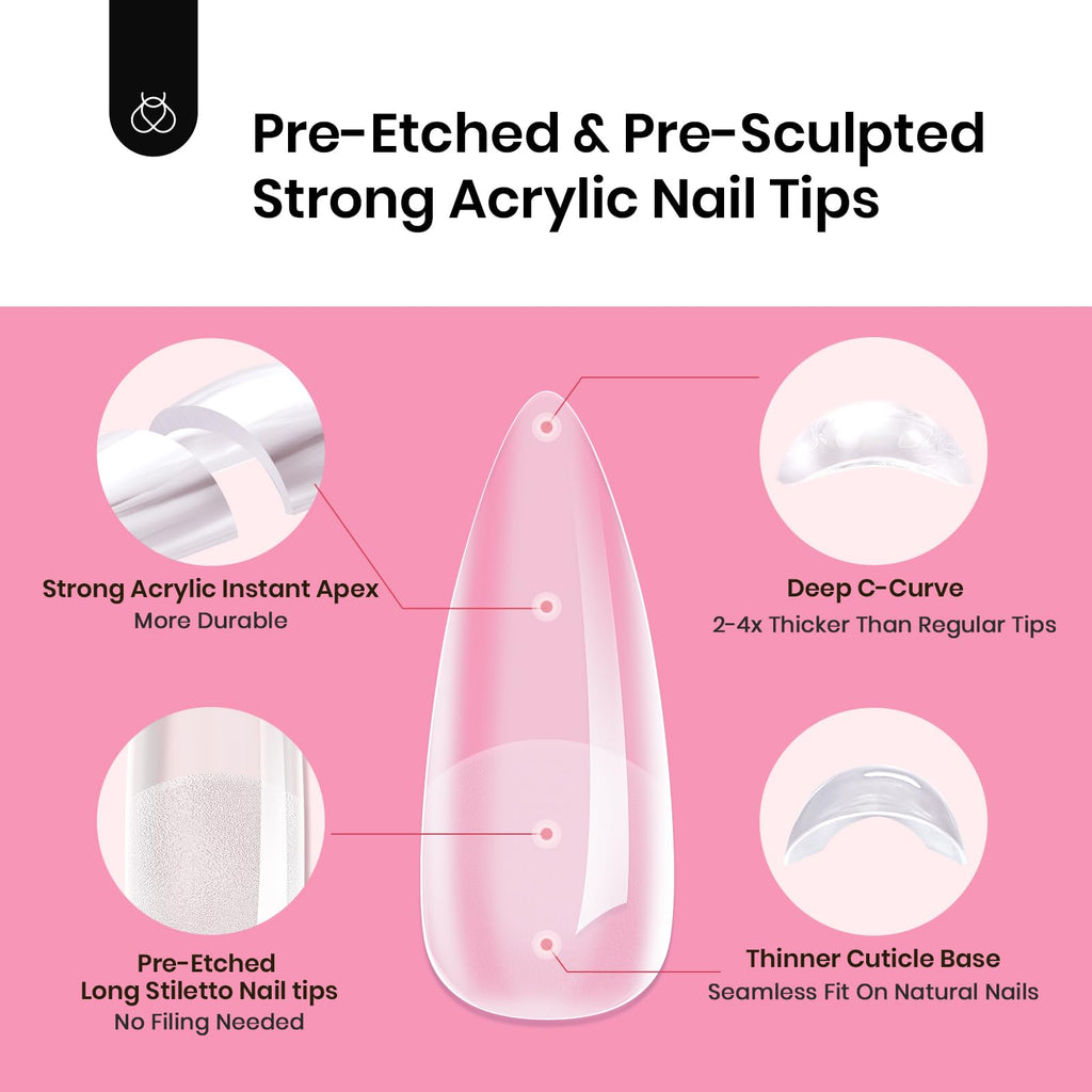 Beetles Tipex Instant Apex Nail Tips Kit — Stiletto Long, 224 Tips in 16 Sizes + Mini UV Lamp