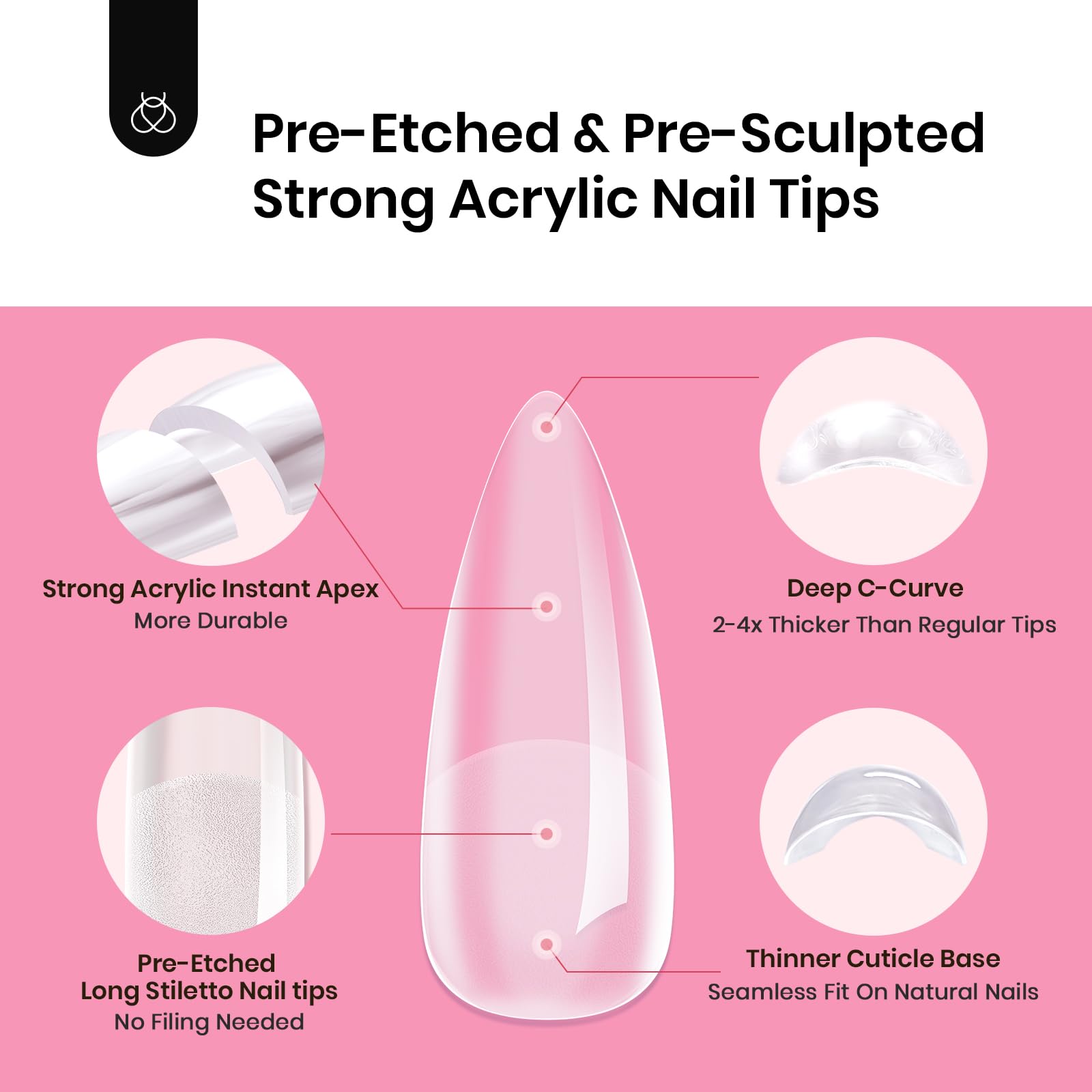 Beetles Tipex Instant Apex Nail Tips Kit — Stiletto Long, 224 Tips in 16 Sizes + Mini UV Lamp