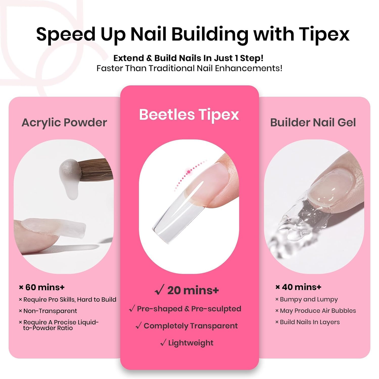 Beetles Tipex Nail Tips Kit Long Square – 224 Pcs, 16 Sizes, Pre-Etched Thick Tips, Mini UV Lamp & Glue