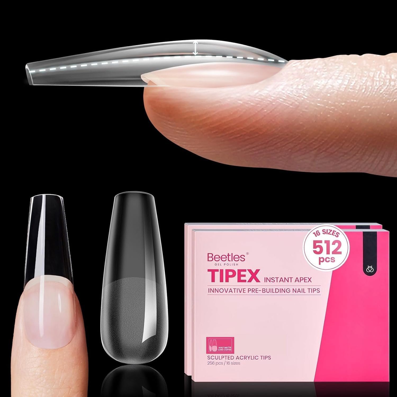 Beetles Tipex Instant Apex Nail Tips – Coffin Long, 16 Sizes, 512 Pcs, Pre-Etched & Pre-Built