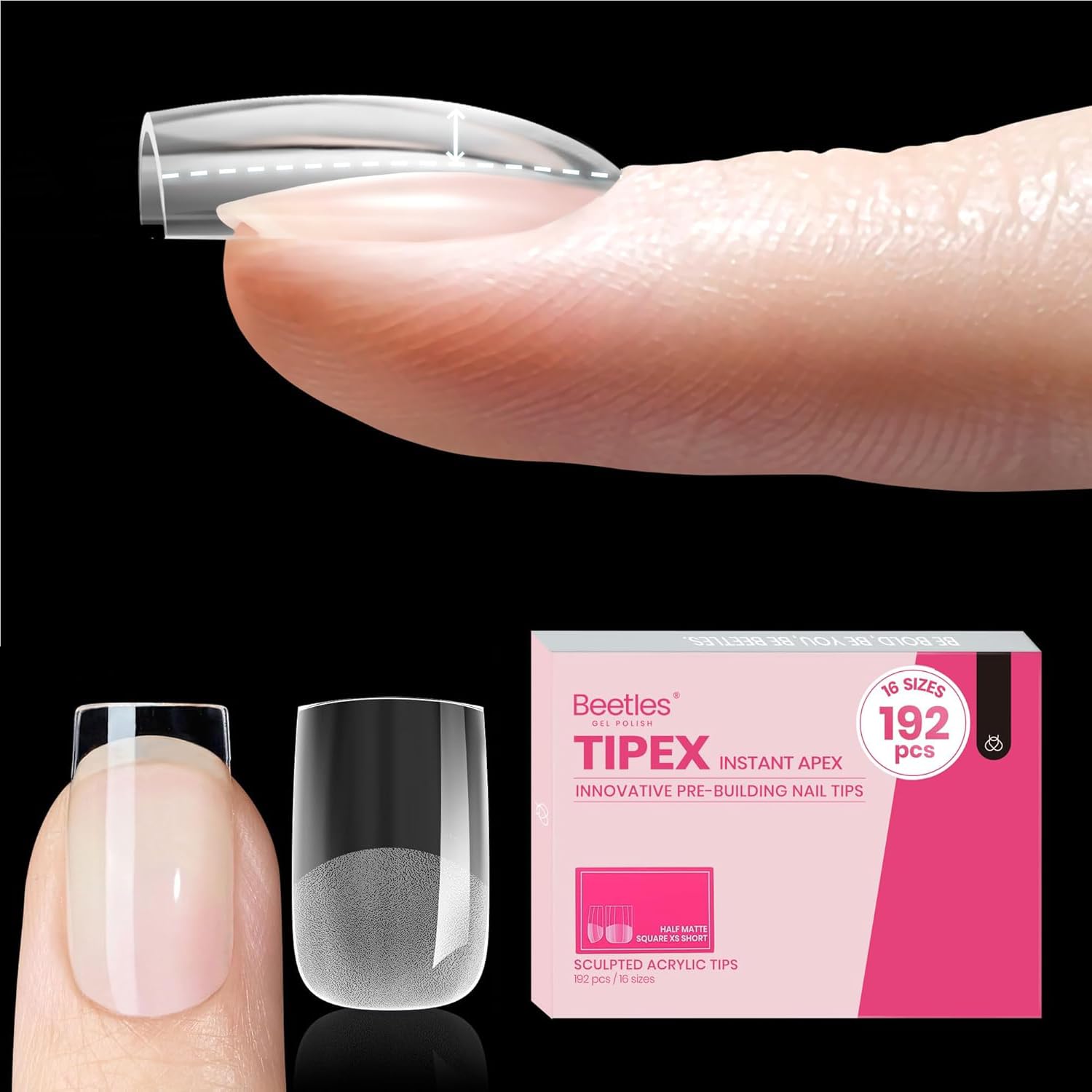 Beetles Tipex Instant Apex Nail Tips – Extra Short Square, 192 Pcs, Pre-Built & Pre-Etched, 16 Sizes