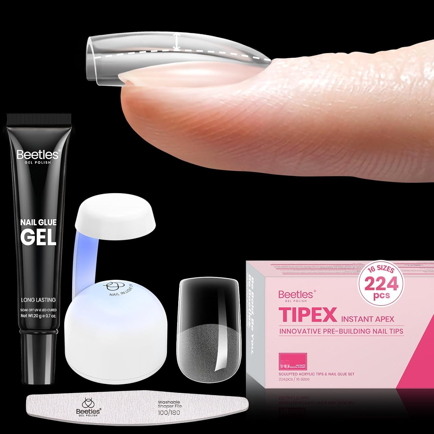 Beetles Tipex Instant Apex Nail Tips Kit – 224 Pcs, Extra Short Squoval, 16 Sizes, UV Glue & Mini UV Lamp