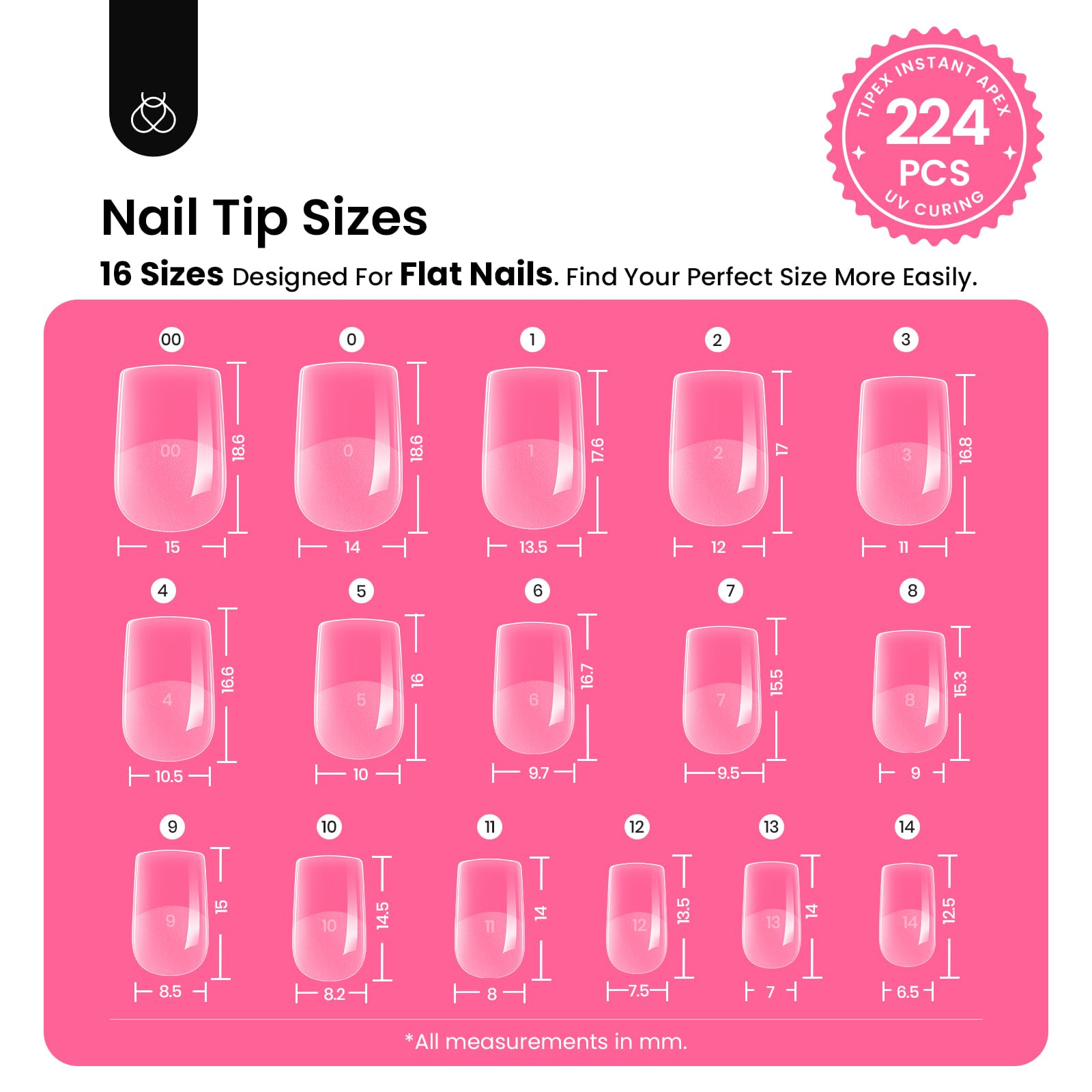 Beetles Tipex Instant Apex Nail Tips Kit – 224 Pcs, Extra Short Squoval, 16 Sizes, UV Glue & Mini UV Lamp