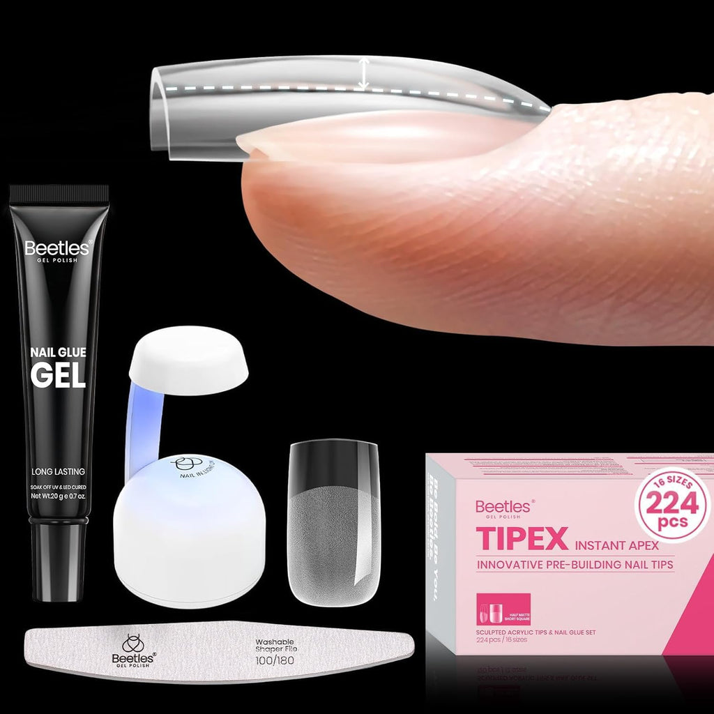 Beetles Tipex Instant Apex Nail Tips Kit - 224 Pcs, Glue & Mini Lamp