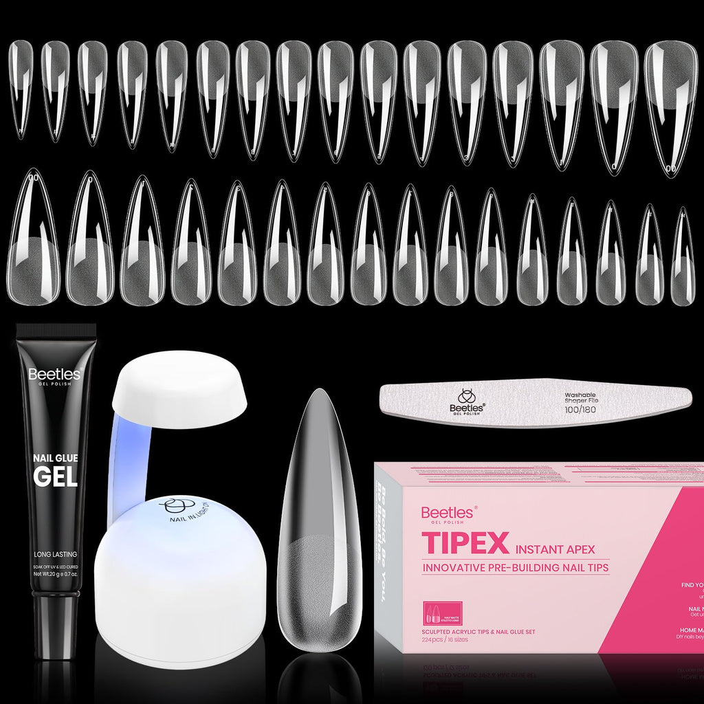 Beetles Tipex Instant Apex Nail Tips Kit — Stiletto Long, 224 Tips in 16 Sizes + Mini UV Lamp