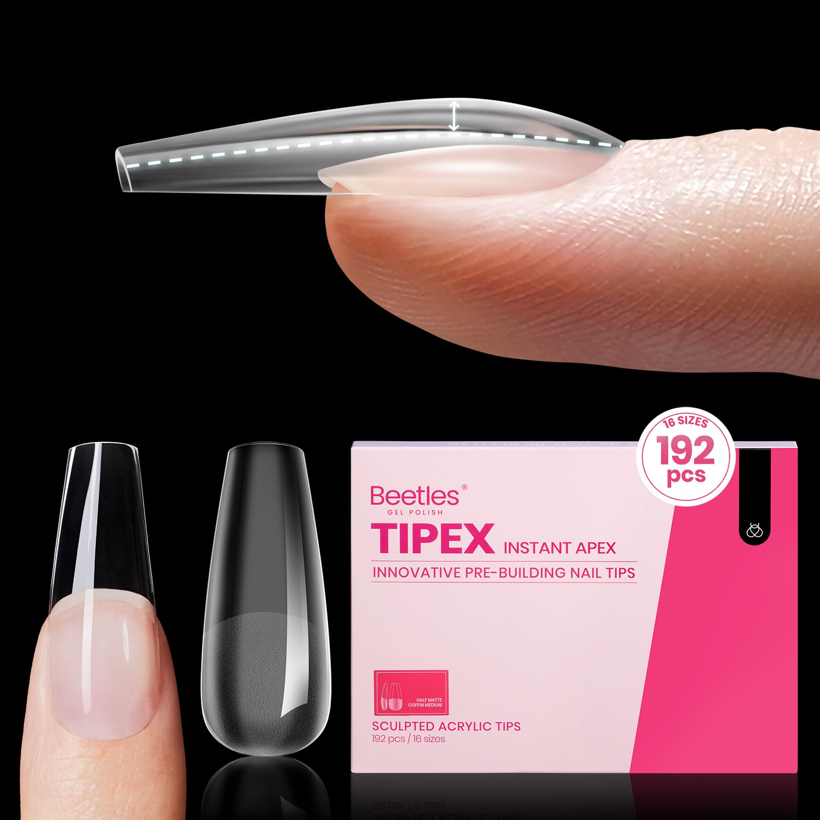 Beetles Tipex Instant Apex Nail Tips – Medium Coffin, 192 Pcs, Pre-Built & Pre-Etched