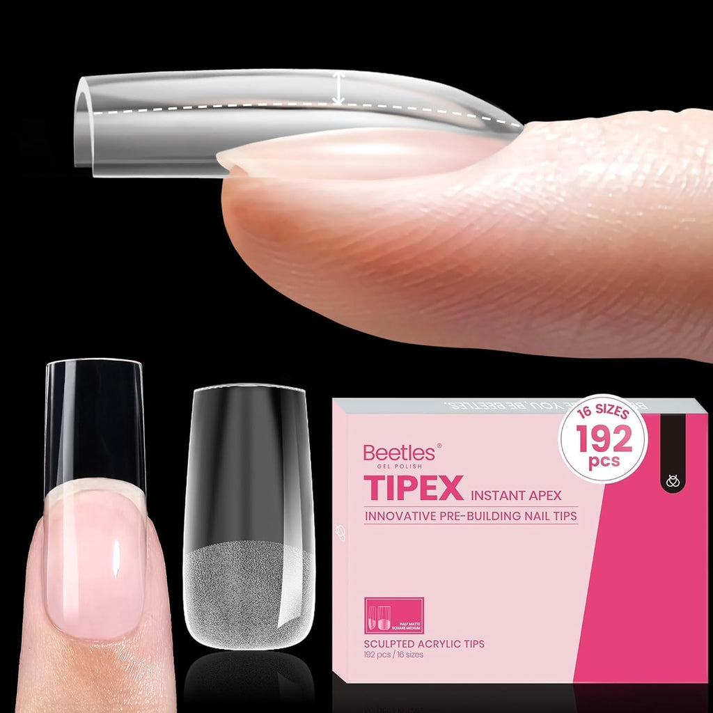 Beetles Tipex Instant Apex Nail Tips | Medium Square, Pre-Built & Pre-Etched, Half Matte Finish, 192 Pcs, 16 Sizes