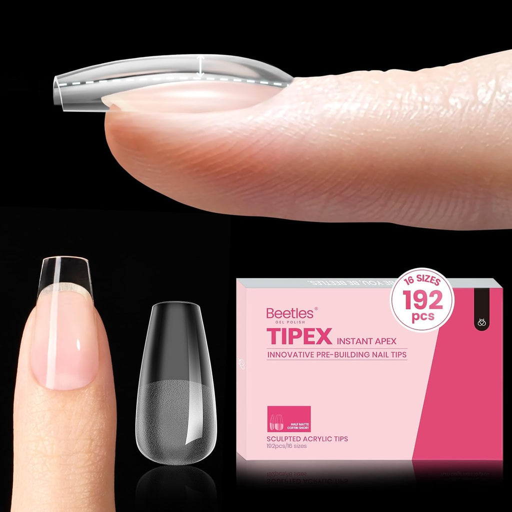 Beetles Tipex Instant Apex Short Coffin Nail Tips – 192pcs, 16 Sizes, Pre-Built & Pre-Etched
