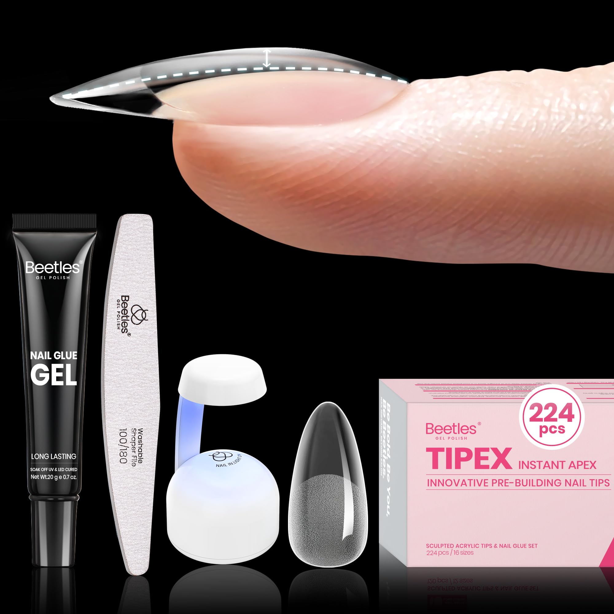 Beetles Tipex Gel Nail Kit – 224 Pre-Built Tips + Mini Lamp (Medium Almond)