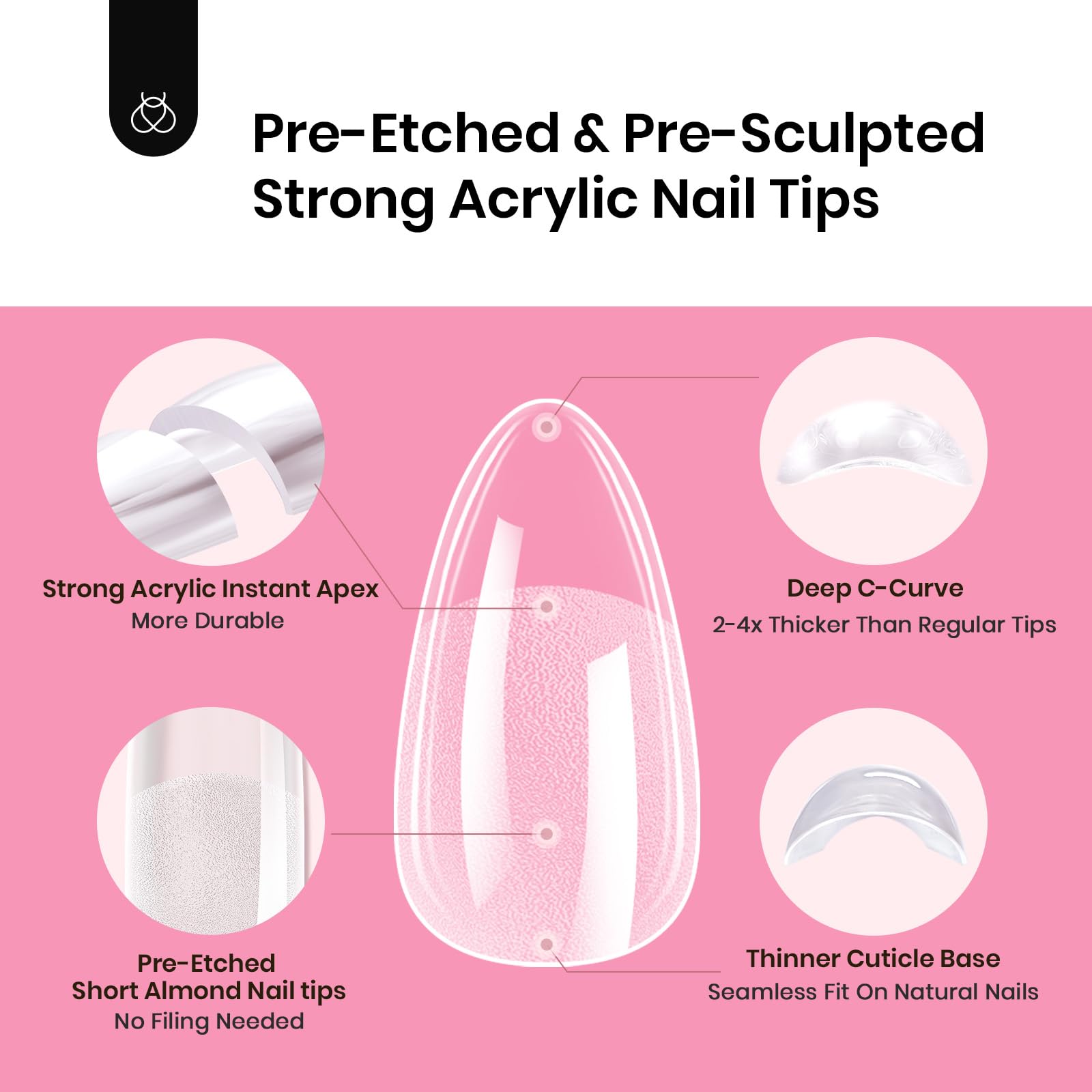 Beetles Tipex Instant Apex Nail Tips Kit – Almond Short, 224Pcs (16 Sizes) with Mini UV Lamp