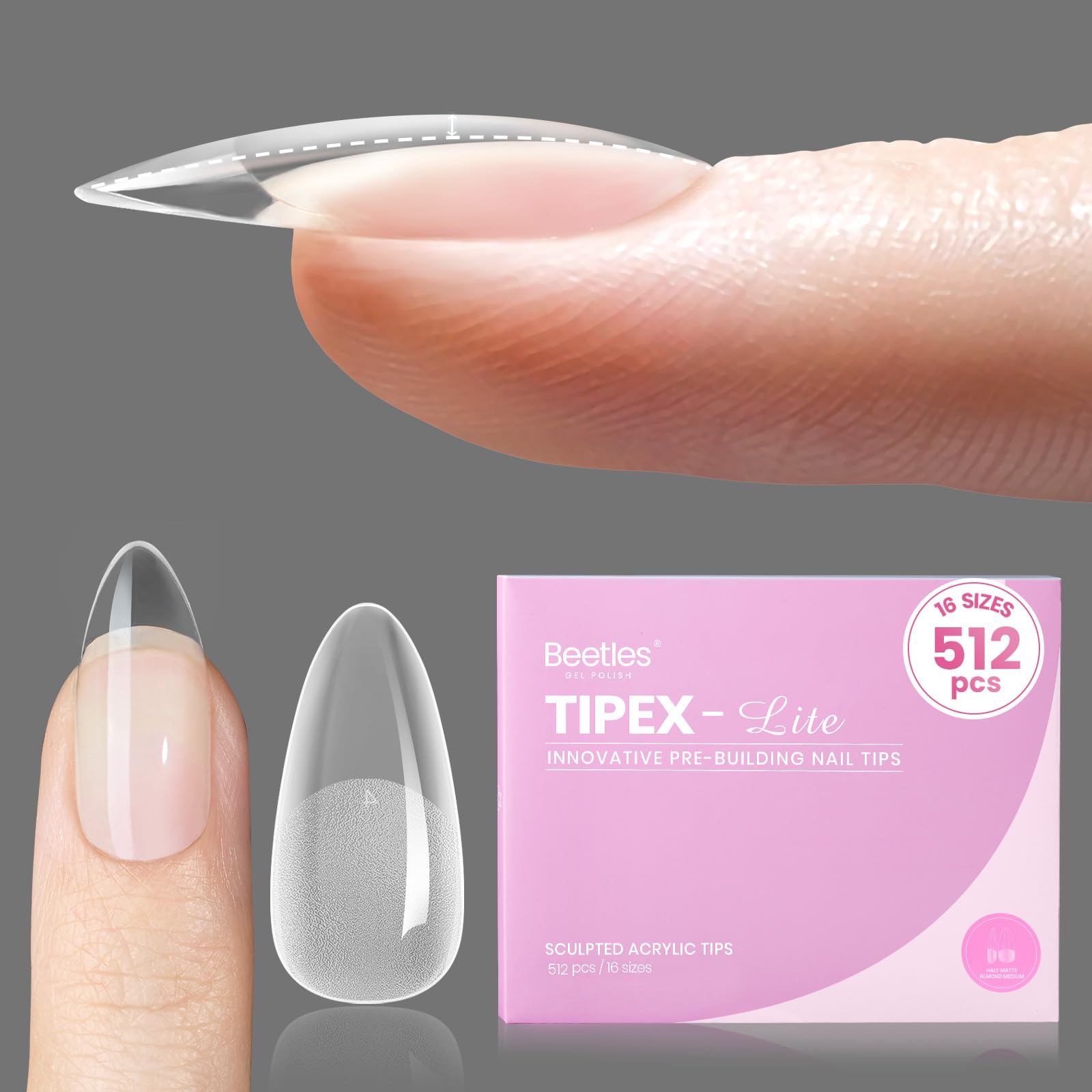 Beetles Tipex Lite Apex Nail Tips Almond Medium | 512pcs, 16 Sizes, Pre-Built & Pre-Etched
